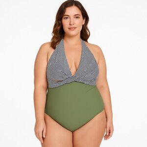 Womens One Piece Swimsuit Halter Neck Striped Olive Ruched Tummy‎ Control XXL